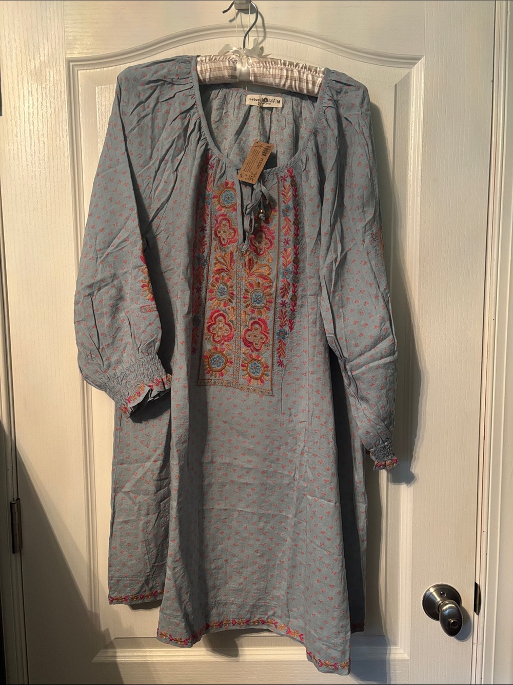 NATURAL LIFE Light Blue Embroidered Boho Peasant Dress